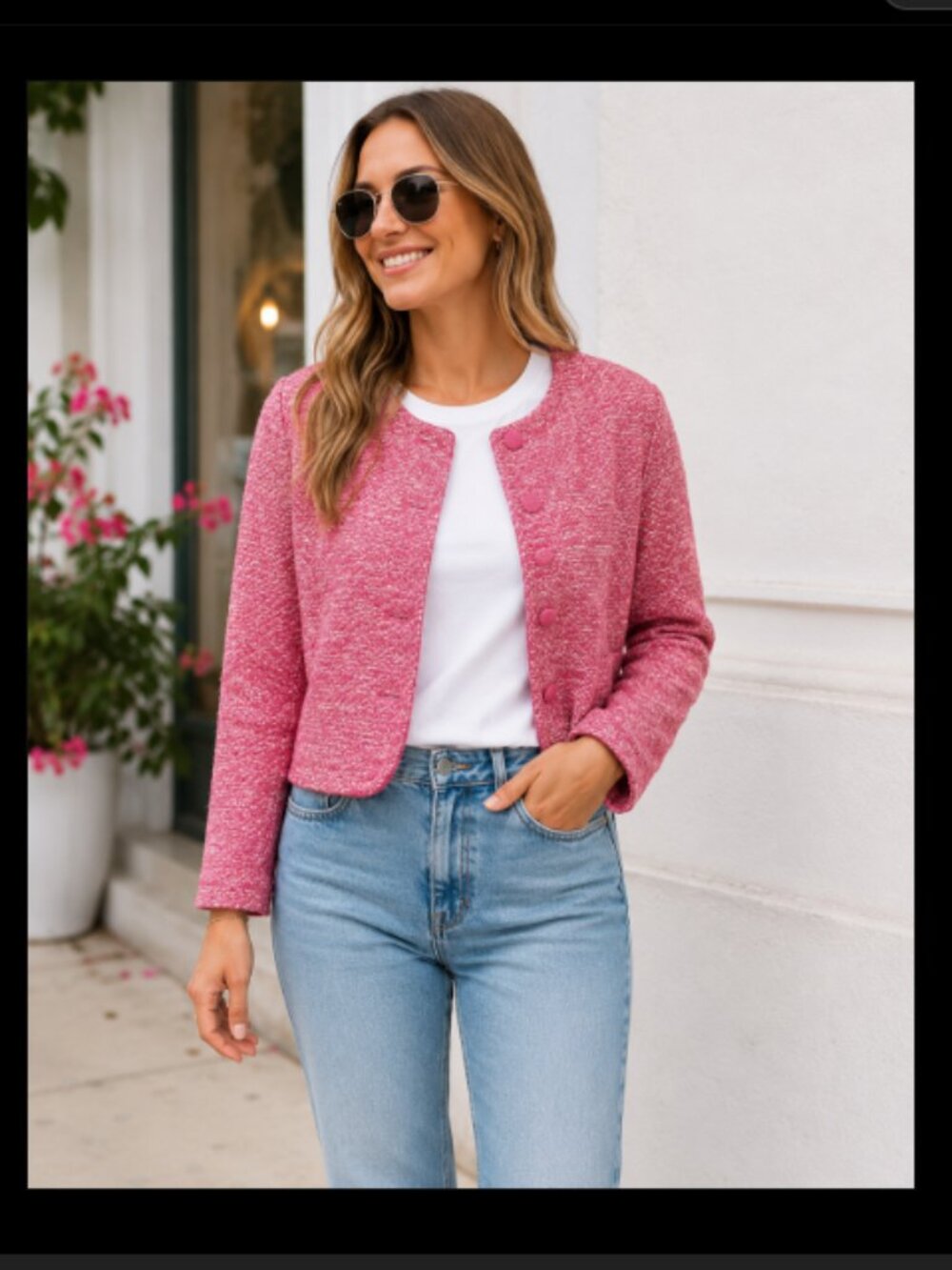 Zara Pink Tweed Knit Cardigan Sweater Jacket Button Up Silver Metallic Size XL
